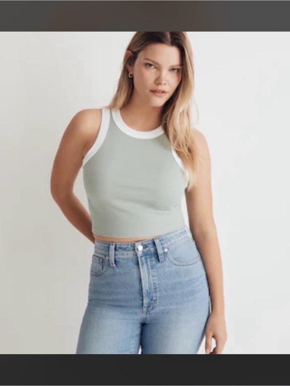 Madewell Sage Green Ribbed Tank Crop with White Trim Accents Size M - Picture 3 of 3